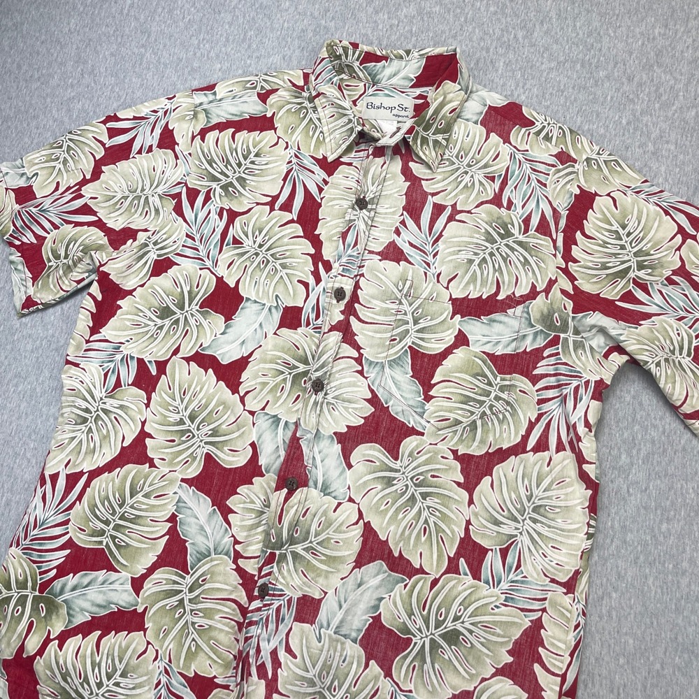 Bishop St. USA Apparel Shirt Mens L Red Monstera Leaf Tropical Button-Down EUC
